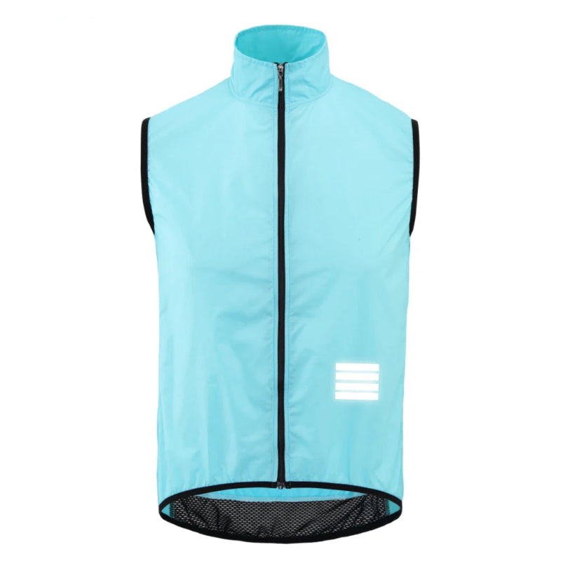 Light blue cycling vest with black zipper on a white background