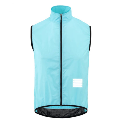 Light blue cycling vest with black zipper on a white background