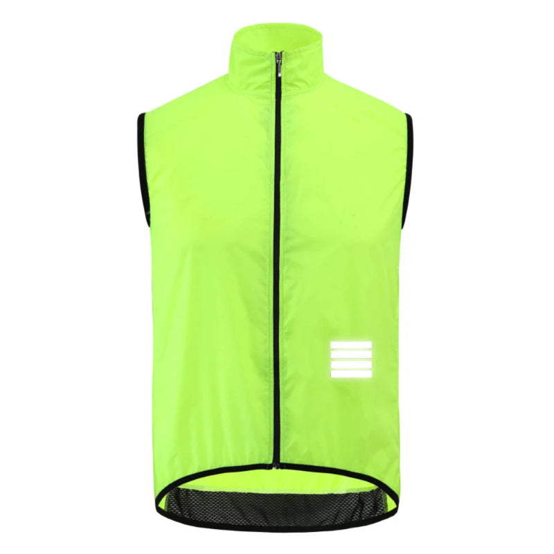 Fluorescent green vest with black zipper on a white background