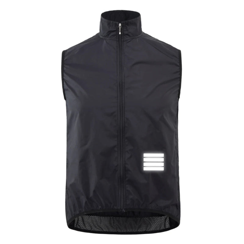 Black sleeveless jacket with reflective strip on a white background