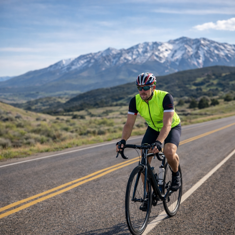 Cyclist on a road with mountains in the background