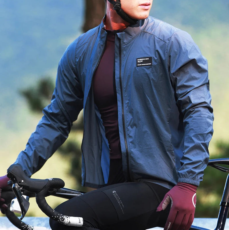 Close-up view of waterproof men's cycling windbreaker jacket