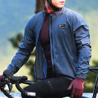Close-up view of waterproof men's cycling windbreaker jacket