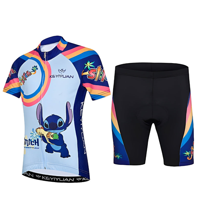 Cycling jersey and shorts with cartoon character design on a white background