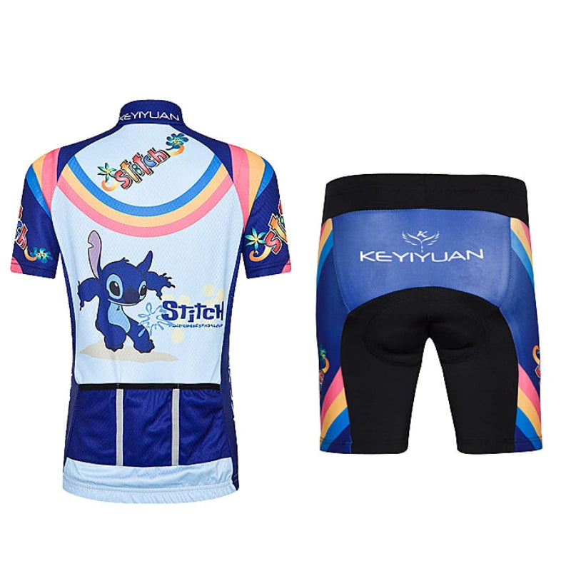 Cycling jersey and shorts with cartoon character design on a white background