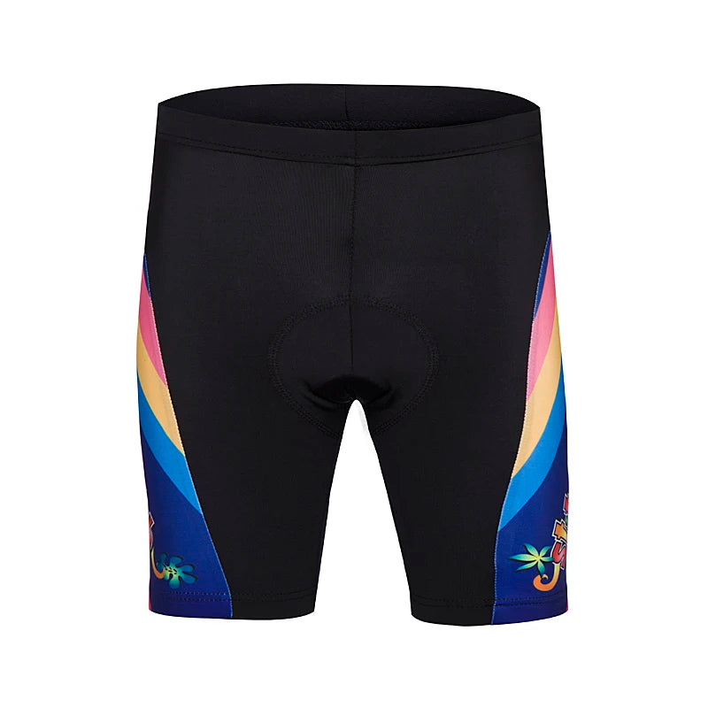 Black cycling shorts with colorful side panels on a white background