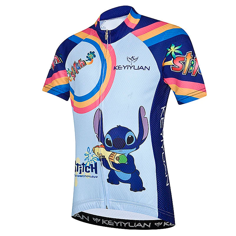 Colorful cycling jersey with cartoon character on a white background