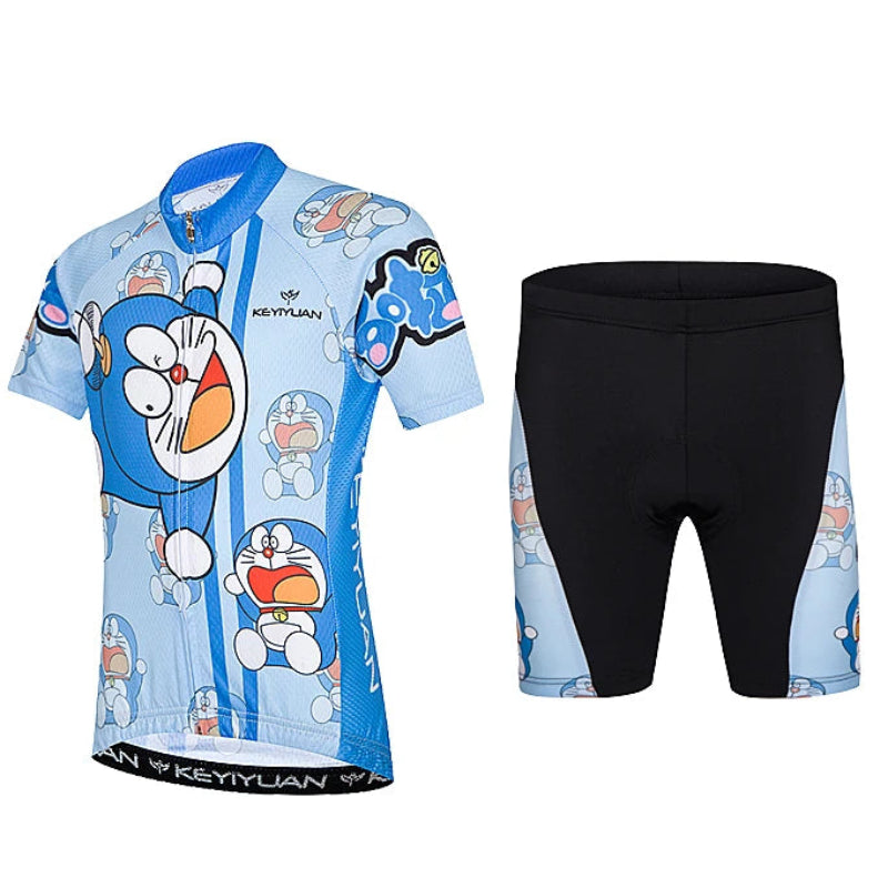 Cycling jersey and shorts with cartoon character design on a white background