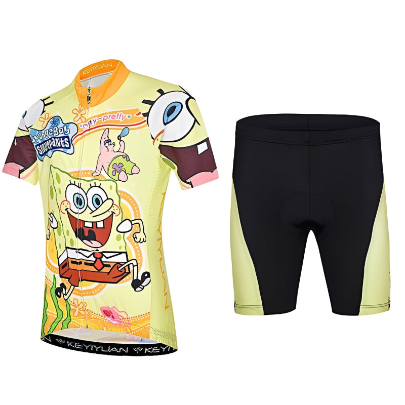 Cycling jersey and shorts with a cartoon character design on a white background