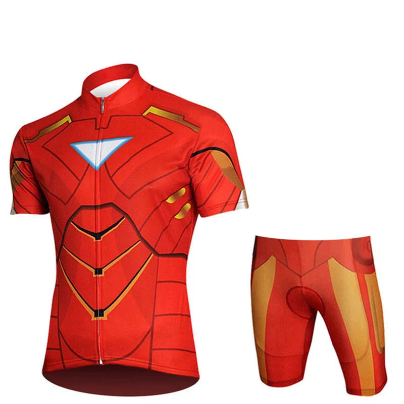 Children's cycling clothing set with red and gold design on a white background