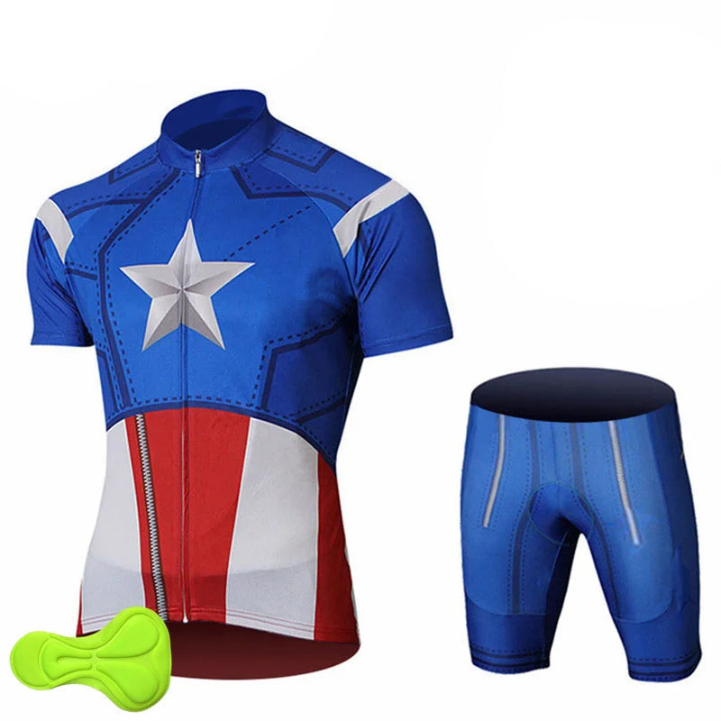 Children's cycling clothing set with superhero design on a white background