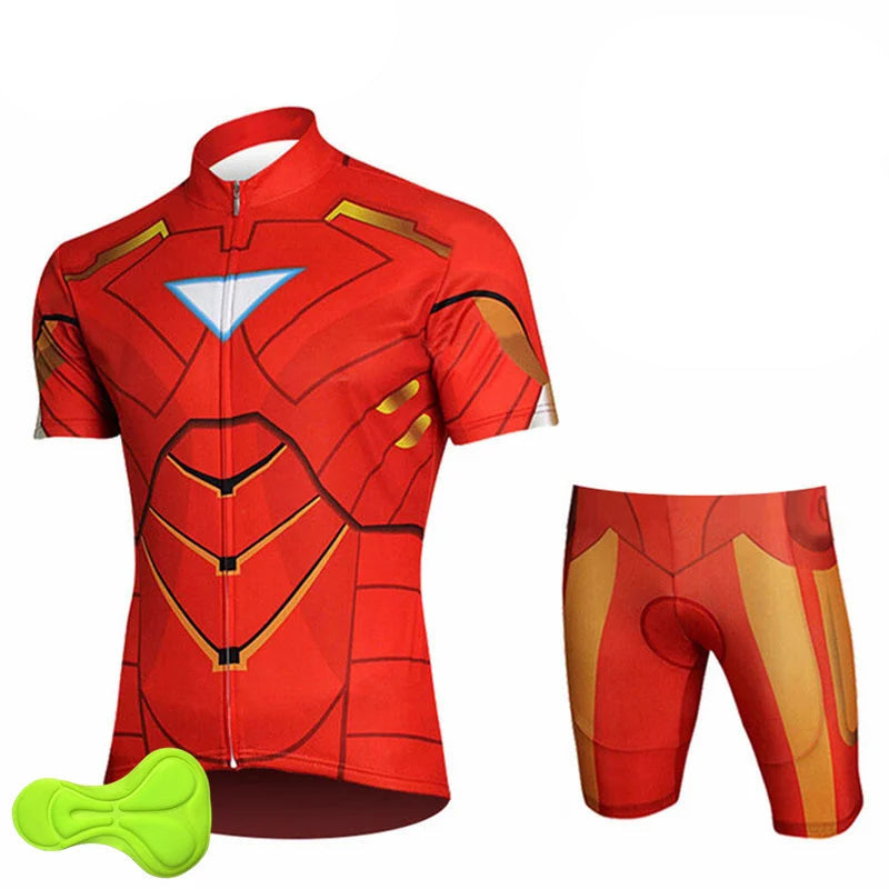 Children's cycling clothing set with red and gold design on a white background