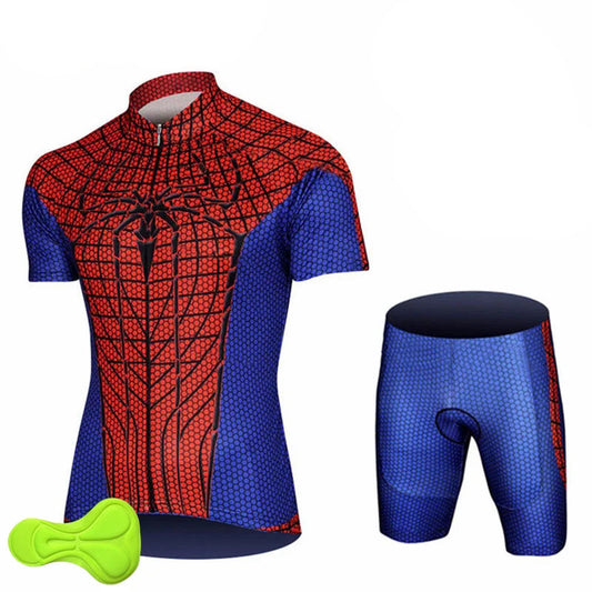 Children's cycling clothing set with Spider-Man design on a white background