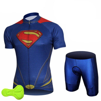 Children's cycling clothing set with Superman logo on a blue jersey and shorts, featuring Sponge Gel 3D Padded design.
