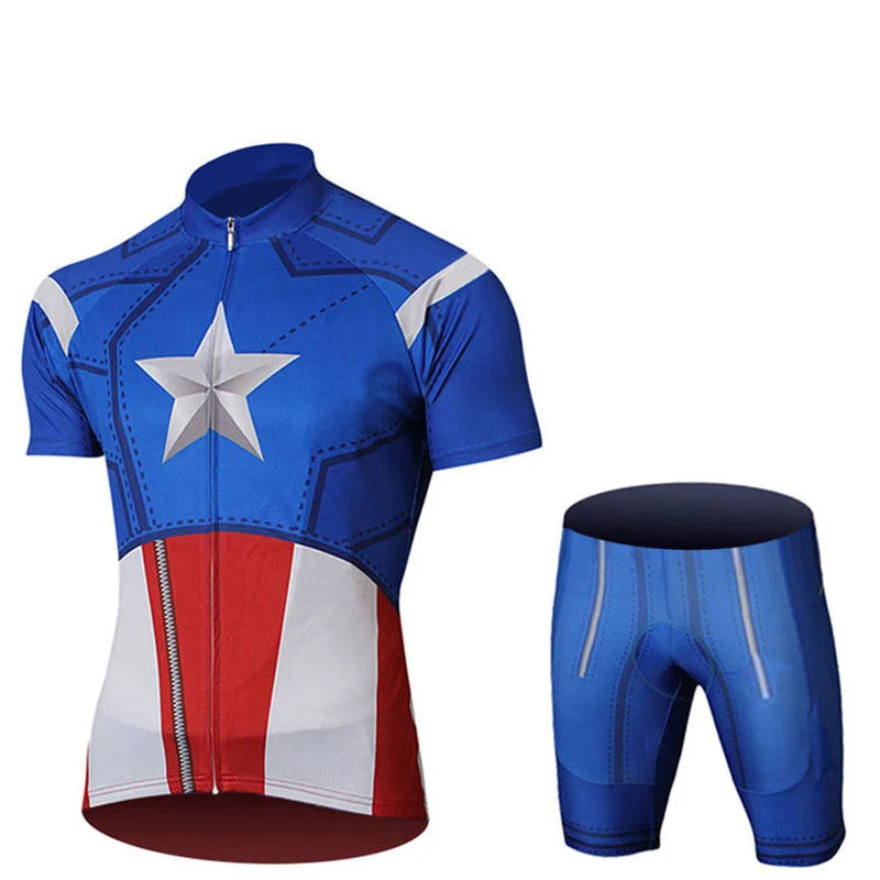 Children's cycling clothing set with superhero design on a white background