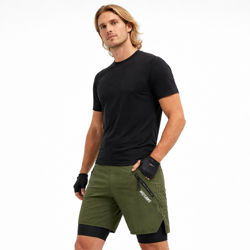 Man wearing a black t-shirt and green shorts on a white background