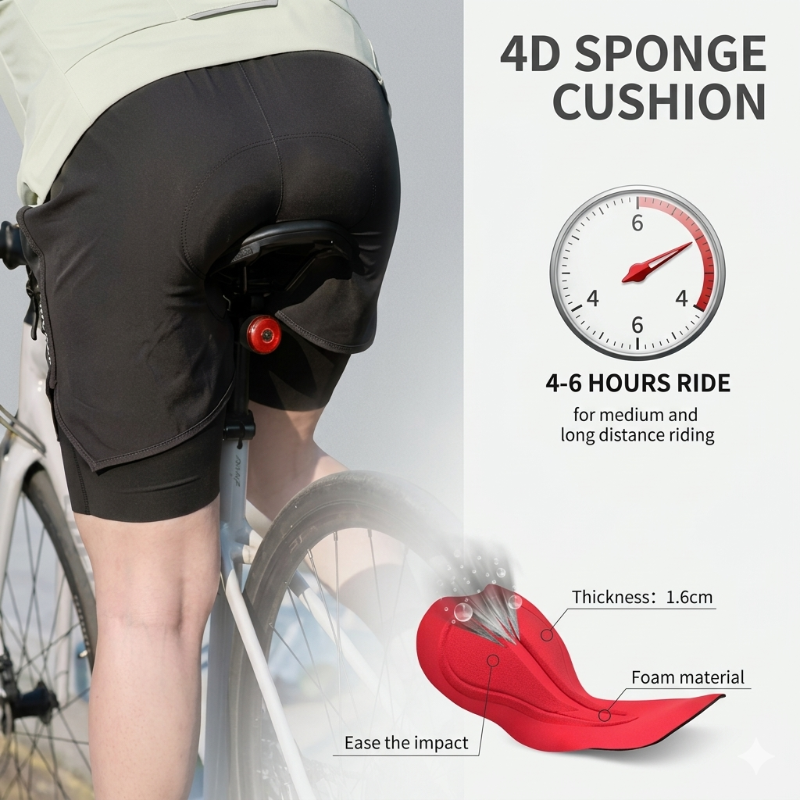 Person wearing black cycling shorts with 4D sponge cushioning on a bicycle, showing product details.