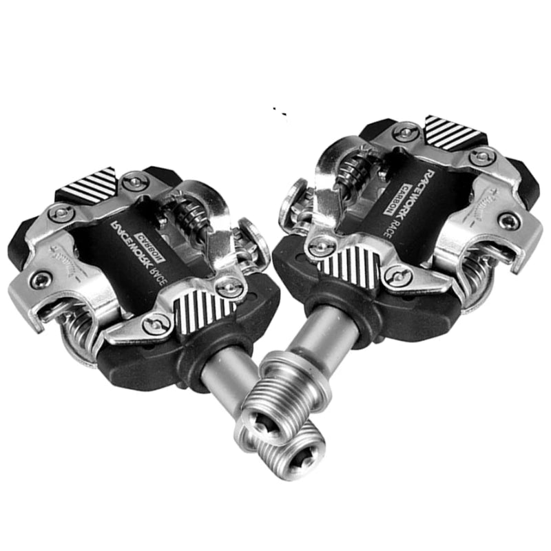 Two black and silver Shimano CL-5000 double-sided clip-on bicycle pedals shown on a white background with promotional text at the top.
