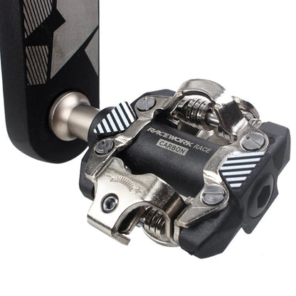 Shimano SPD compatible bicycle pedal clamp with a chrome-molybdenum steel axle, black and silver components, and included lock plate and gaskets on a white background with text overlays.