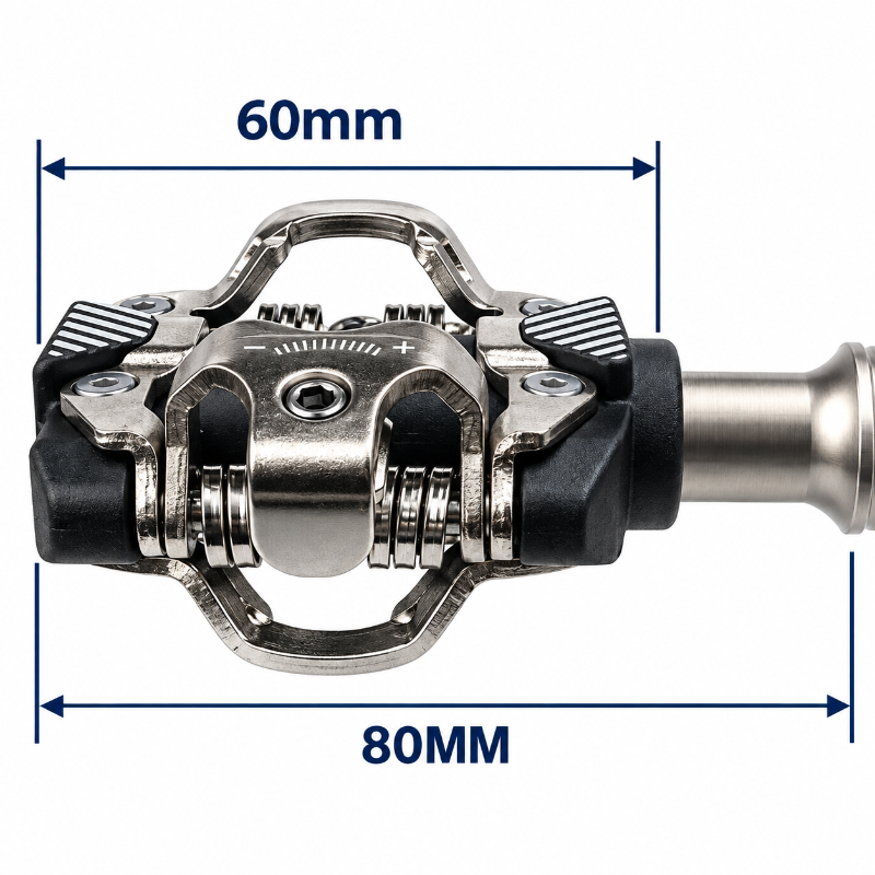 A metal and black bicycle pedal shown on a white background with blue dimension lines indicating 60mm width, 80mm overall length, and center spindle length.