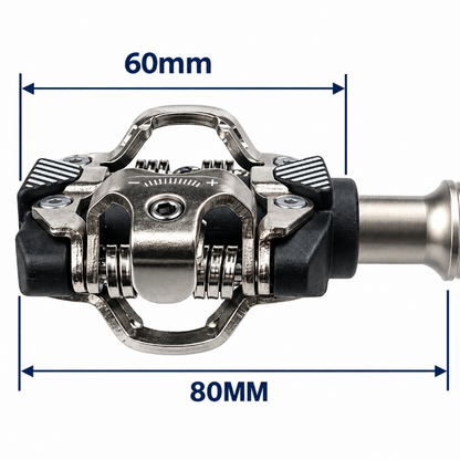 A metal and black bicycle pedal shown on a white background with blue dimension lines indicating 60mm width, 80mm overall length, and center spindle length.