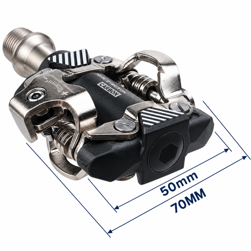 A carbon fiber bicycle pedal with metallic silver and black components, overlaid with blue dimension lines indicating a 50mm and 70mm length.
