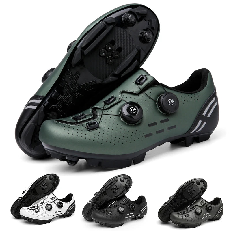 Green cycling shoes with black cleats on a white background