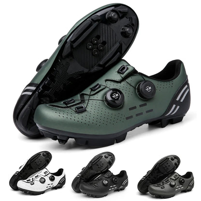 Green cycling shoes with black cleats on a white background