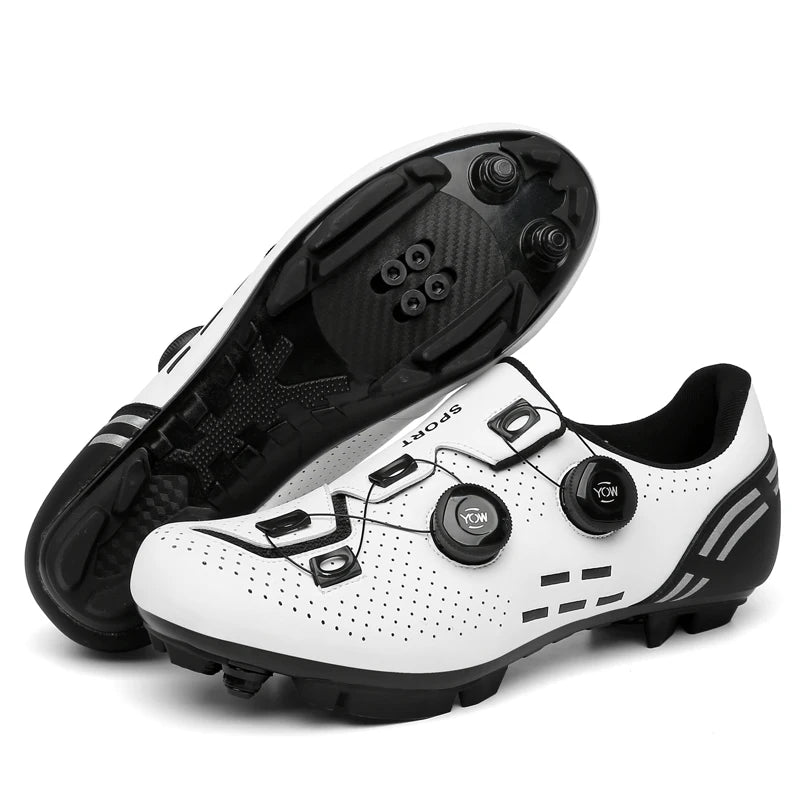 White cycling shoes with black soles on a white background