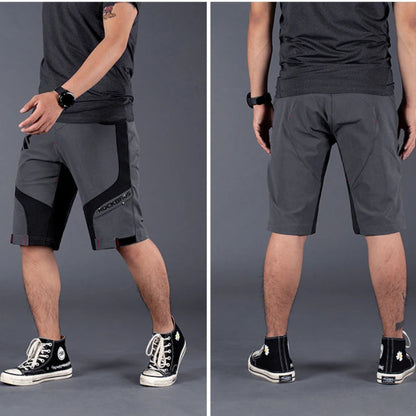A promotional composite showing a man modeling gray and black riding shorts from the front and back against a dark gray studio background. Text at the top reads 'Multi-angle real shot' and 'Not only riding, but also day wear.