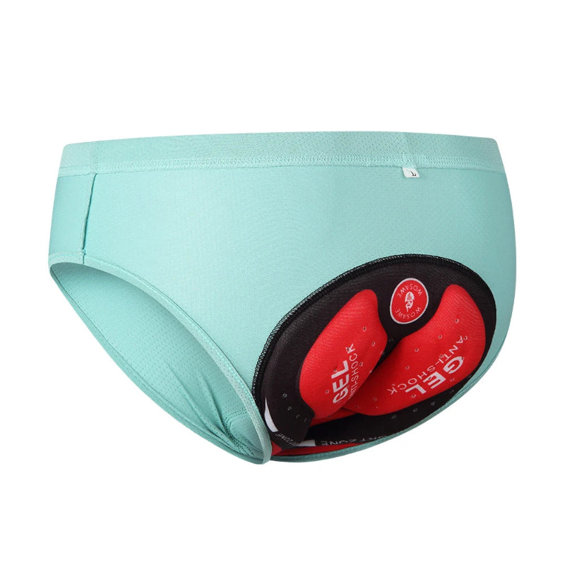 Teal underwear with red and black gel inserts on a white background