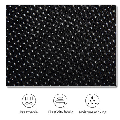 Black breathable small mesh fabric with icons indicating breathability, elasticity, and moisture wicking on a white background.