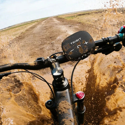 Bicycle handlebar with mud splashes on a dirt path, featuring certification logos for waterproof and drop resistance.