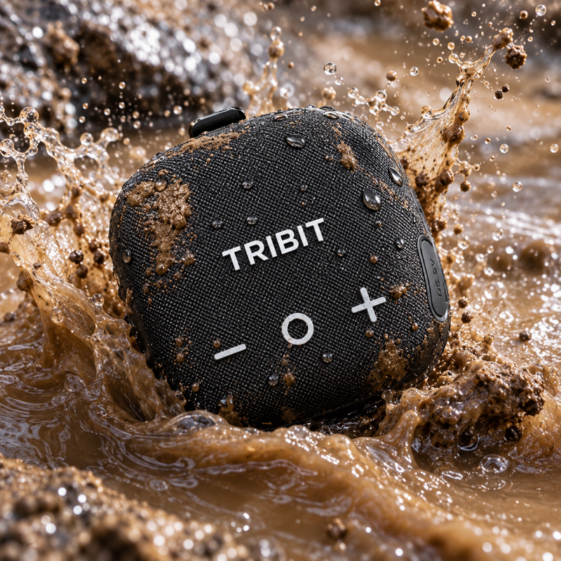 A Tribit waterproof speaker covered in mud and water droplets, partially submerged in splashing muddy water, with the white TRIBIT logo and control buttons visible on its black textured surface.