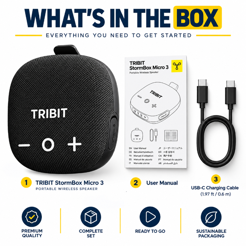 Tribit StormBox Micro 3 portable wireless speaker in black, shown alongside its user manual, USB-C charging cable, and a 'What's in the box' summary graphic on a white background.