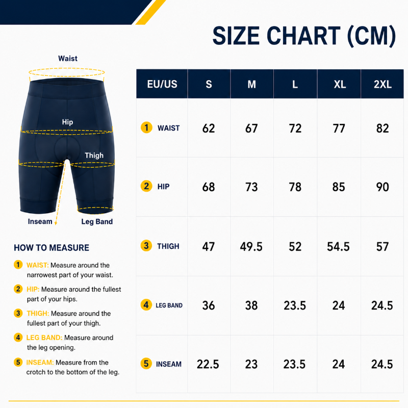 Size chart for men's shorts with measurements in centimeters and how to measure instructions.