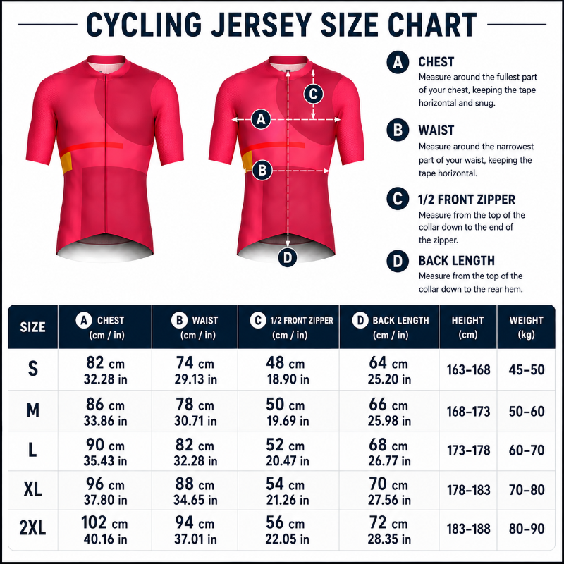 Cycling jersey size chart with measurements and a red cycling jersey.