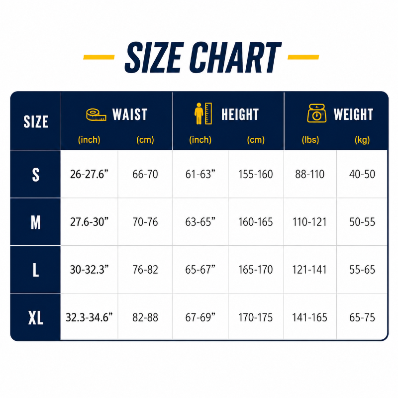 A size chart table showing measurements for waist, height, and weight by size category S through XL, with navy and white cells and yellow icons.