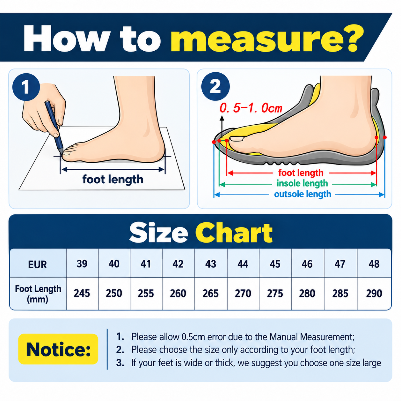 Instructional measurement graphic for shoe sizing titled 'How to measure?' with two numbered illustrated steps showing how to measure foot length and insole/outsole length, plus a size chart table listing EUR numbers and corresponding foot lengths in millimeters.