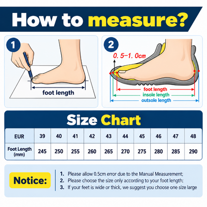 Instructional measurement graphic for shoe sizing titled 'How to measure?' with two numbered illustrated steps showing how to measure foot length and insole/outsole length, plus a size chart table listing EUR numbers and corresponding foot lengths in millimeters.