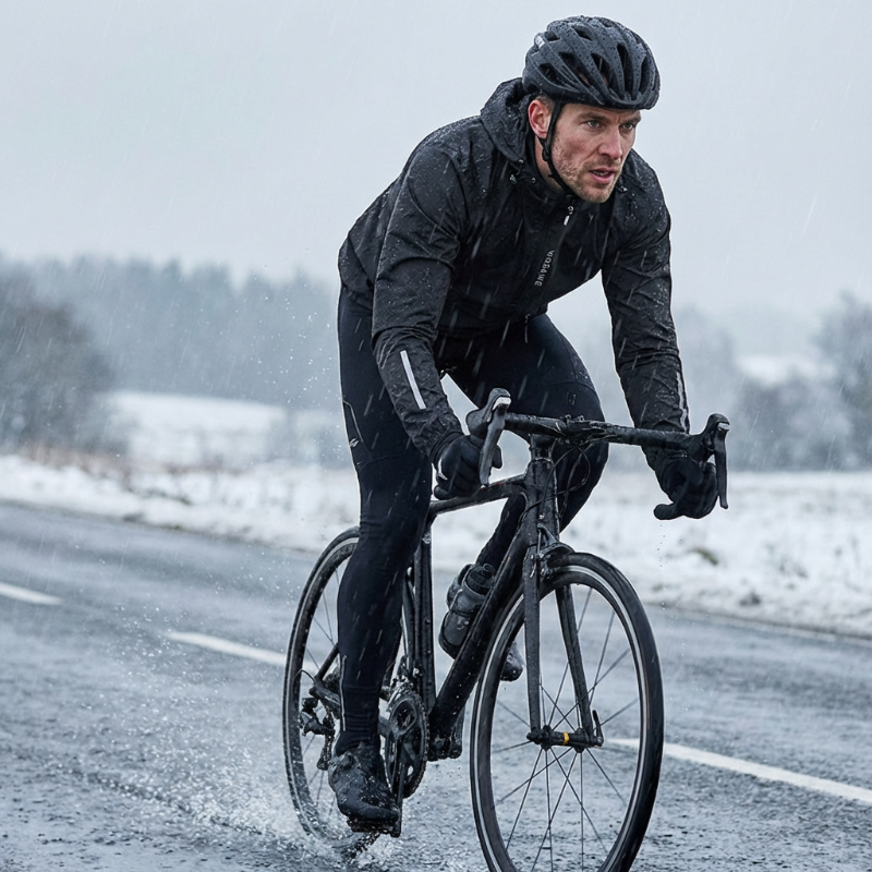 Man cycling on a snowy road wearing winter gear
