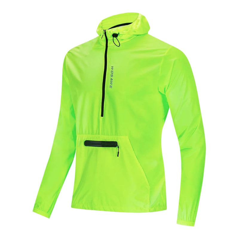 Neon green jacket with black zipper and pocket on a white background