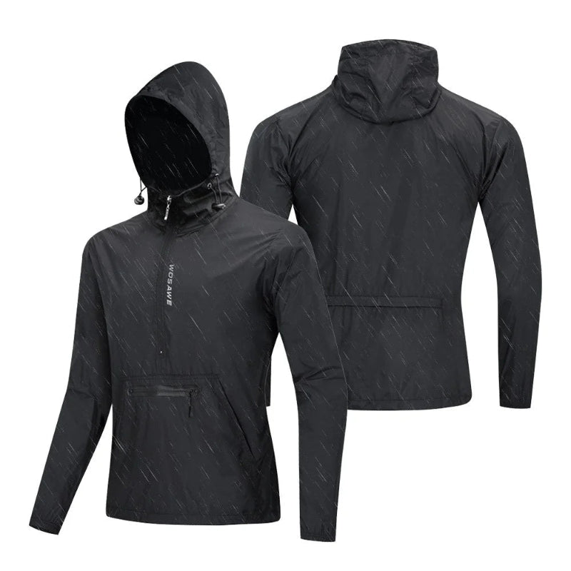 Black raincoat with hood shown from front and back on a white background