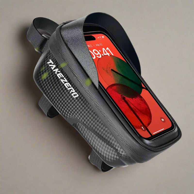 bike frame bag with smartphone display on a white background, highlighting 