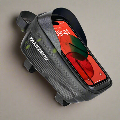 bike frame bag with smartphone display on a white background, highlighting 