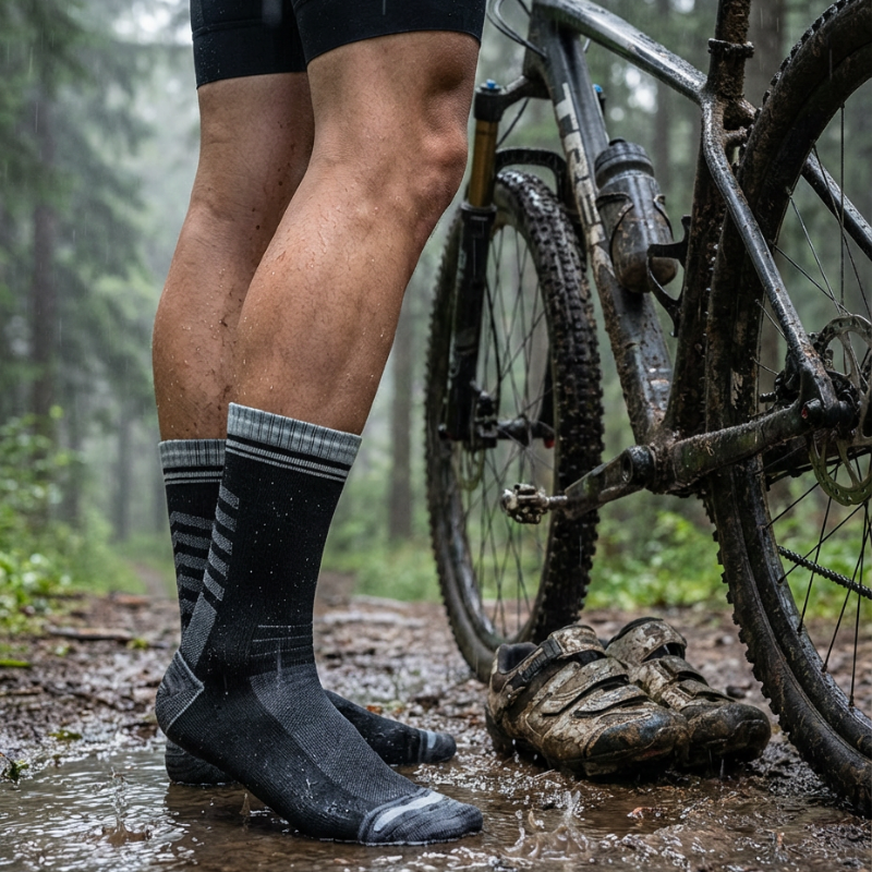 Person wearing black socks with gray accents standing next to a bicycle on a muddy trail in a forest.