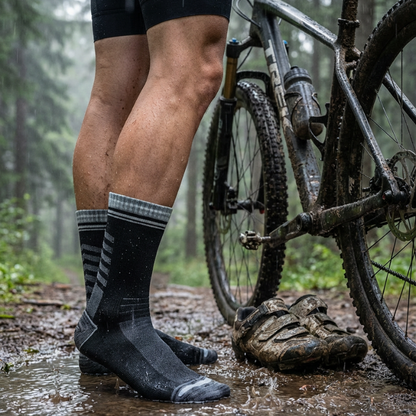 Person wearing black socks with gray accents standing next to a bicycle on a muddy trail in a forest.