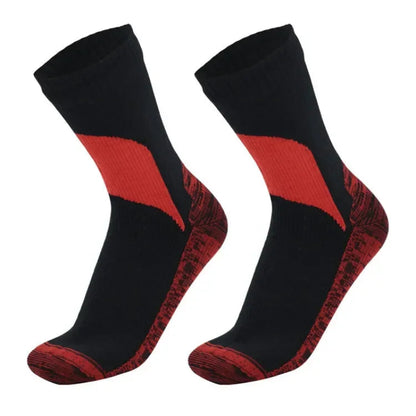Black socks with red accents on a white background