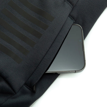 Black phone case with a phone inside on a white background