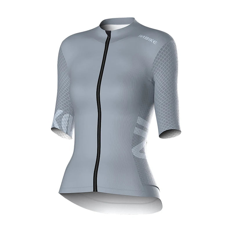 Gray cycling jersey with black zipper on a white background